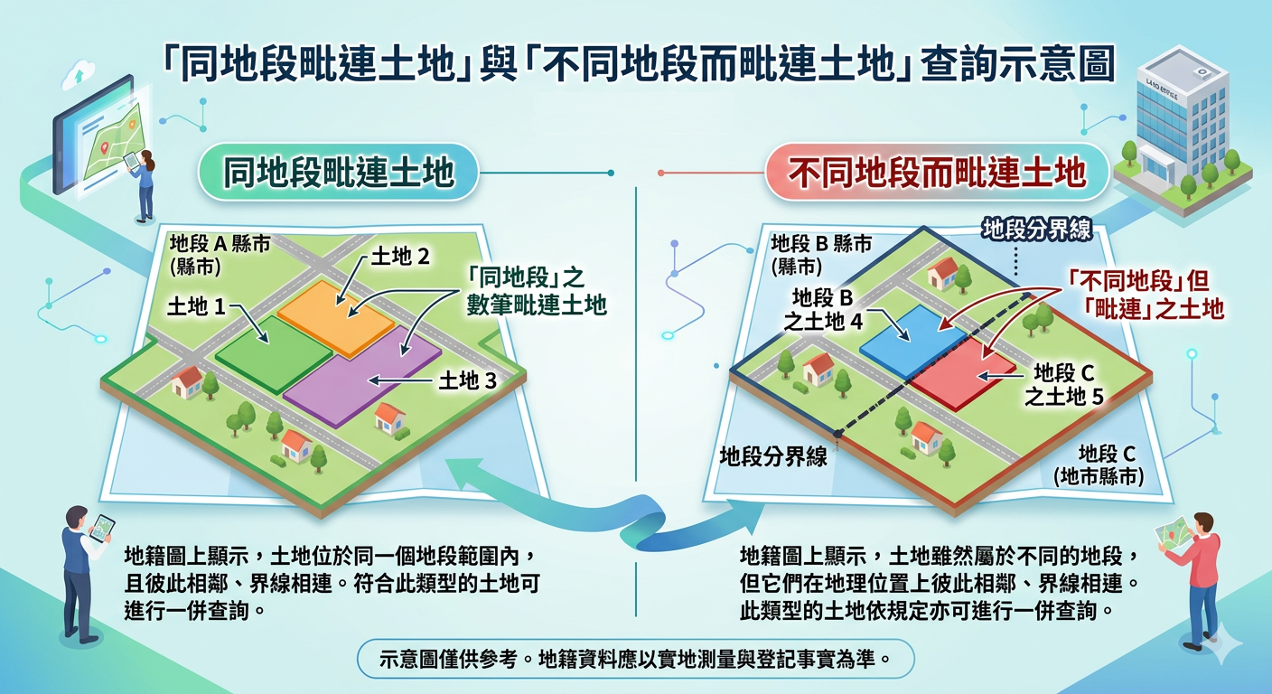 相同縣市「同地段毗連土地」與「不同地段而毗連土地」的示意說明